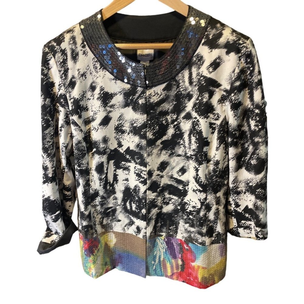 Chico's Geisha Girl Black White Sequined Neckline Colorful Sequin Hem Jacket